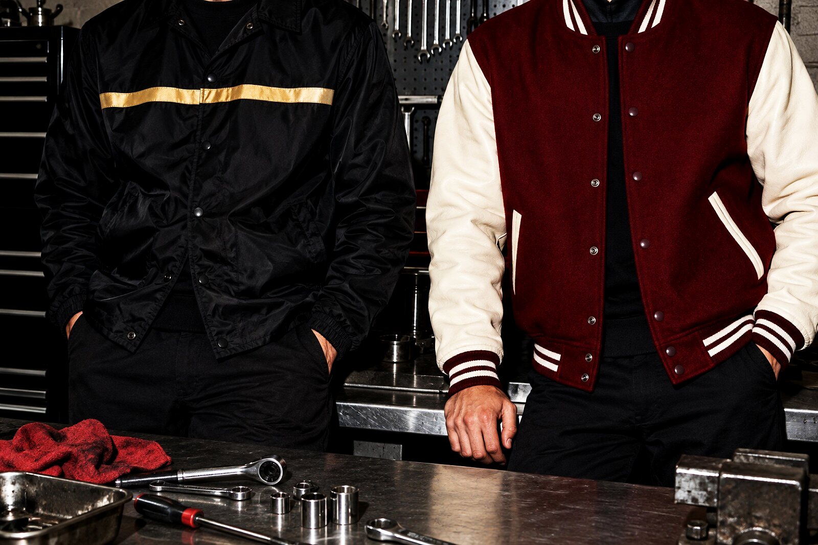 Two models in the satin and coach jackets
